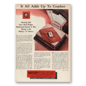 1947 Mallory Hearing Aids Print Ad | All Adds Up To Comfort