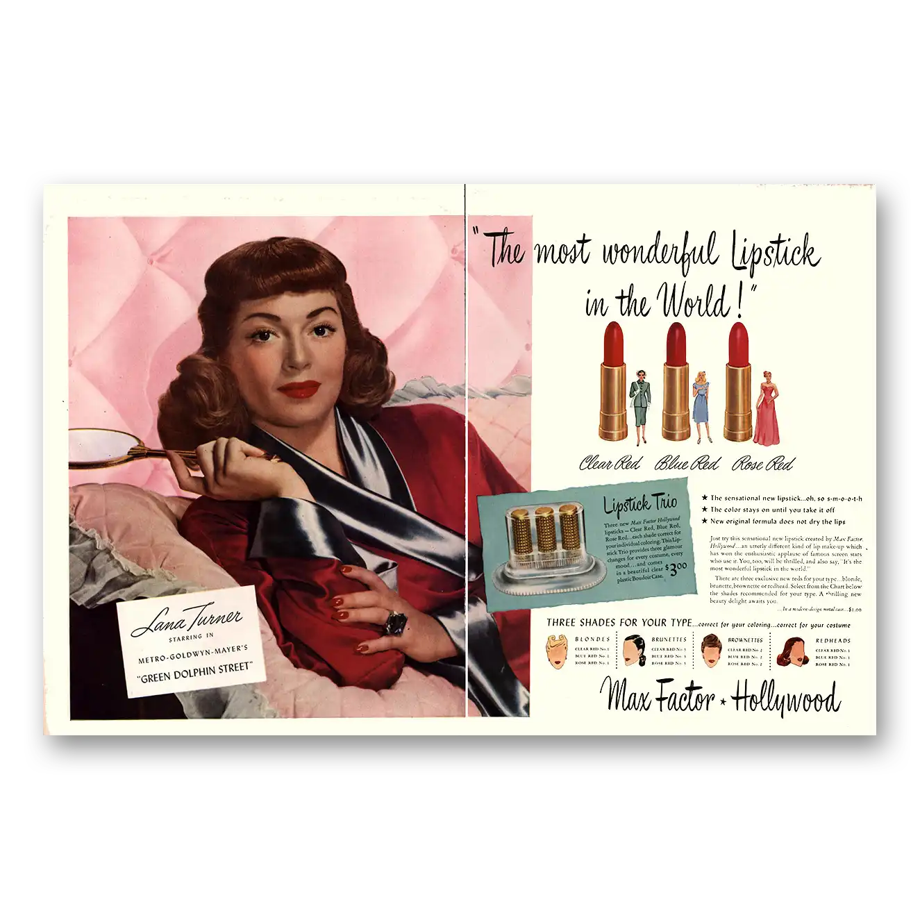1947 Max Factor Lipstick Print Ad | Lana Turner
