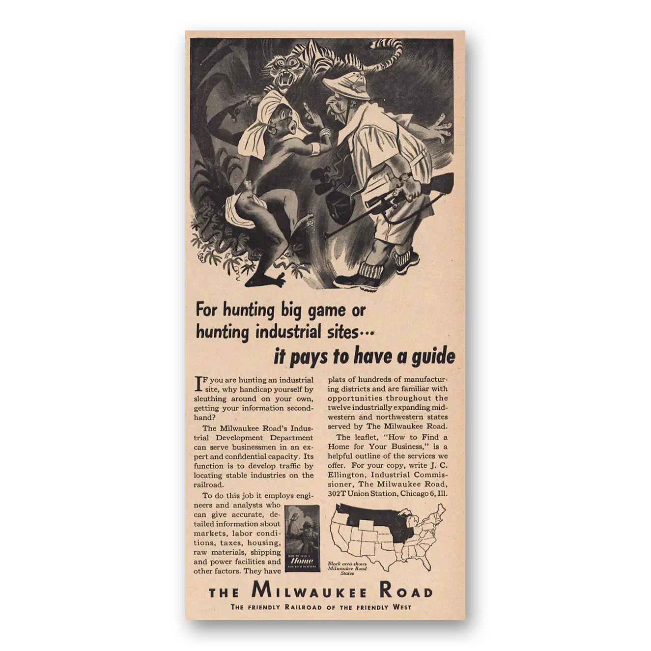 1947 Milwaukee Road Print Ad | Hunting Big Game