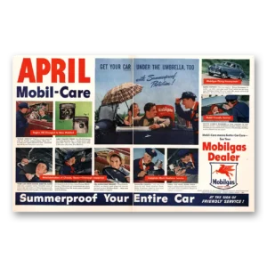 1947 Mobilgas Print Ad | Car Under Umbrella