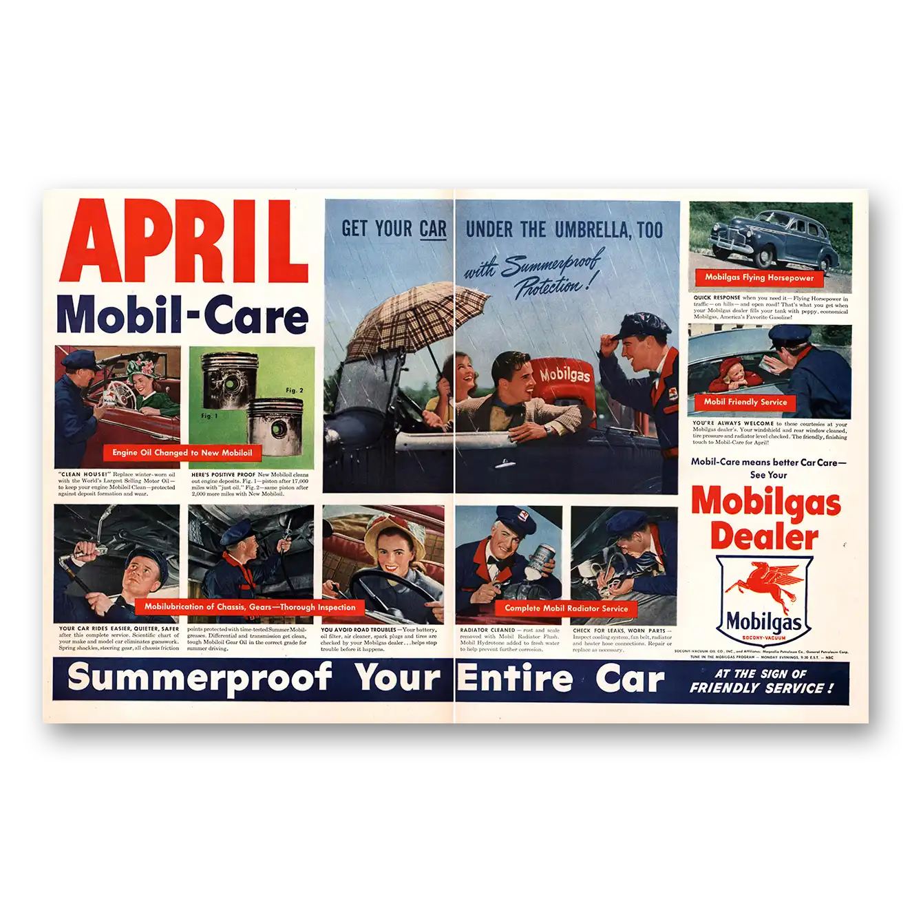 1947 Mobilgas Print Ad | Car Under Umbrella