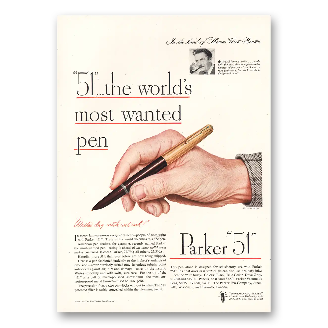 1947 Parker 51 Pen Print Ad | Thomas Hart Benton