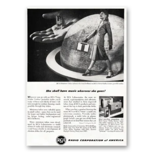 1947 RCA Victor Globe Trotter Portable Radio Print Ad | Wherever She Goes