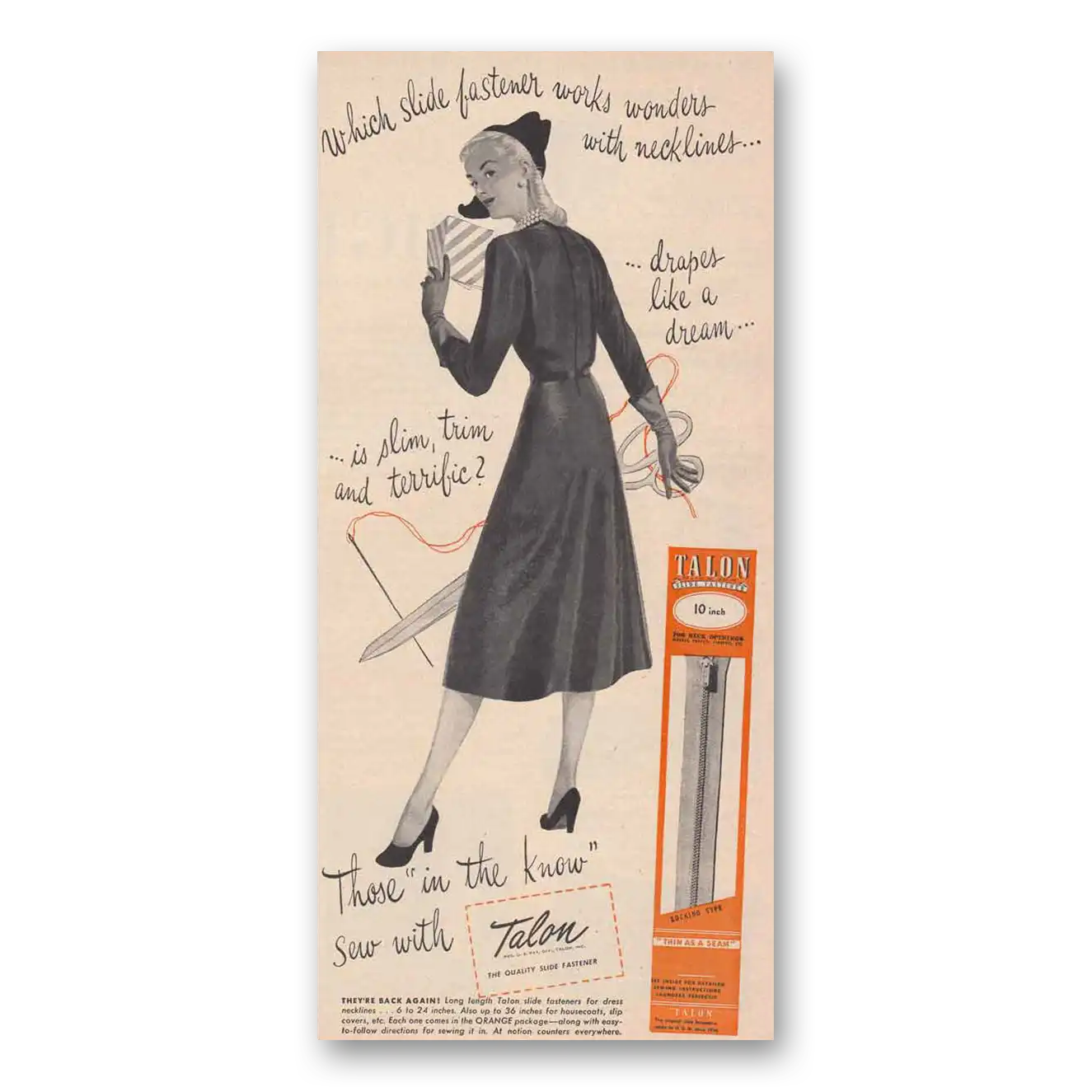 1947 Talon Slide Fastener Print Ad | Zipper Slide