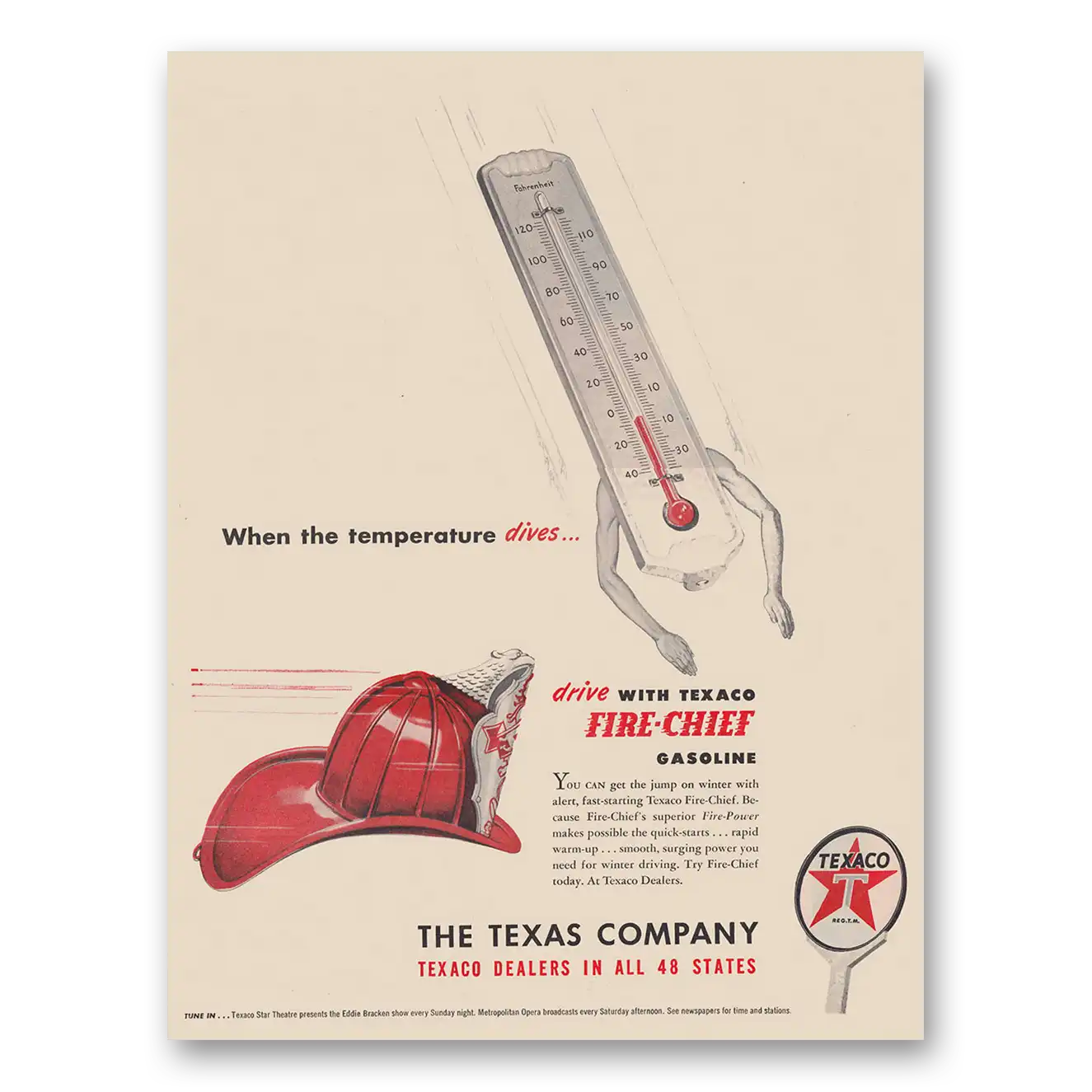 1947 Texaco Fire Chief Gasoline Print Ad | Temperature Dives