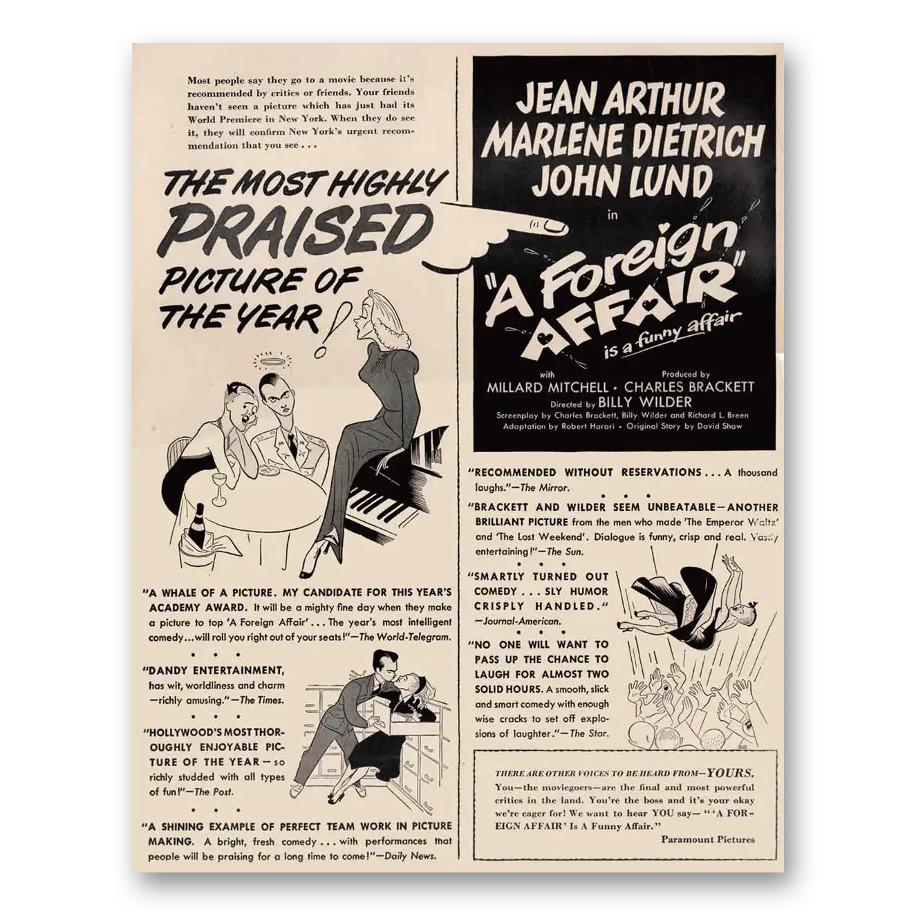 1948 A Foreign Affair Movie Promo Print Ad | Marlene Dietrich