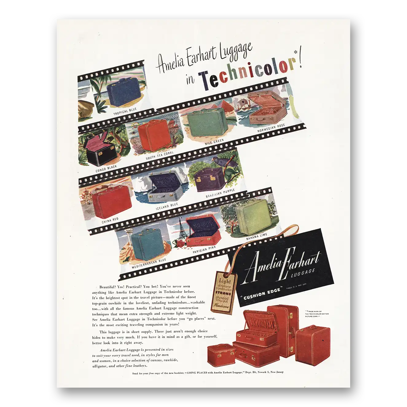 1948 Amelia Earhart Luggage Print Ad | Technicolor