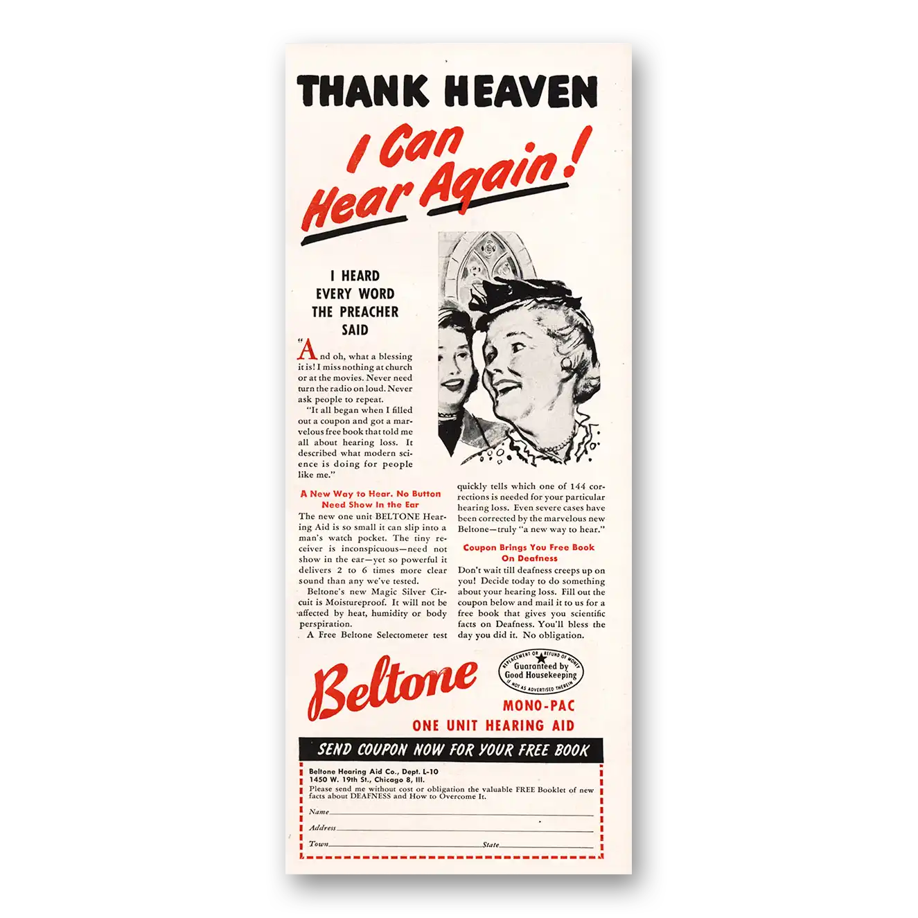 1948 Beltone Hearing Aid Print Ad | Thank Heaven