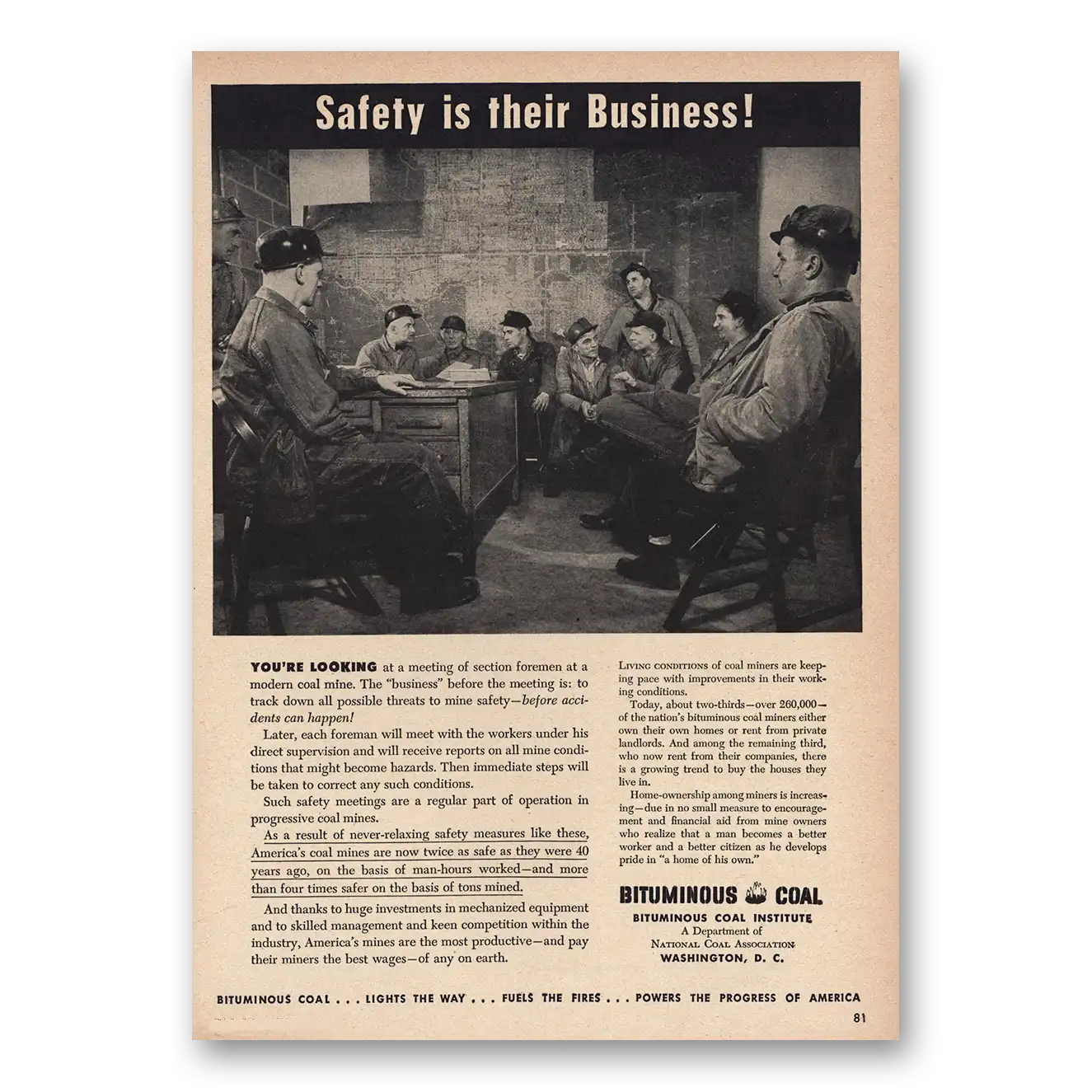 1948 Bituminous Coal Print Ad | Safety Is Their Business
