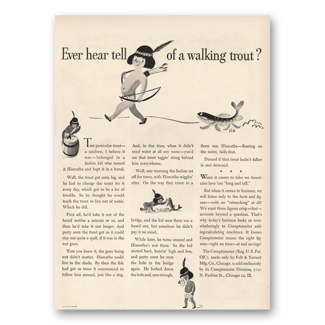1948 Comptometer Print Ad | Walking Trout