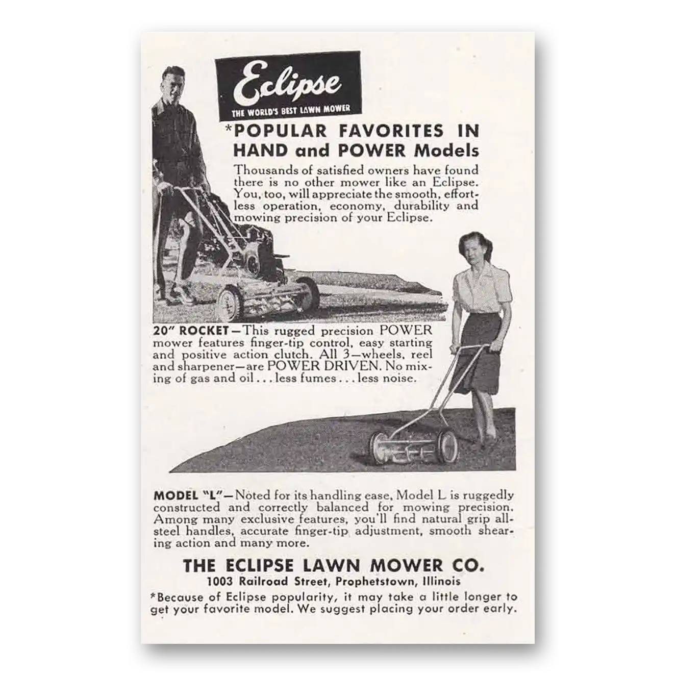1948 Eclipse Mowers Print Ad | Hand Power Models
