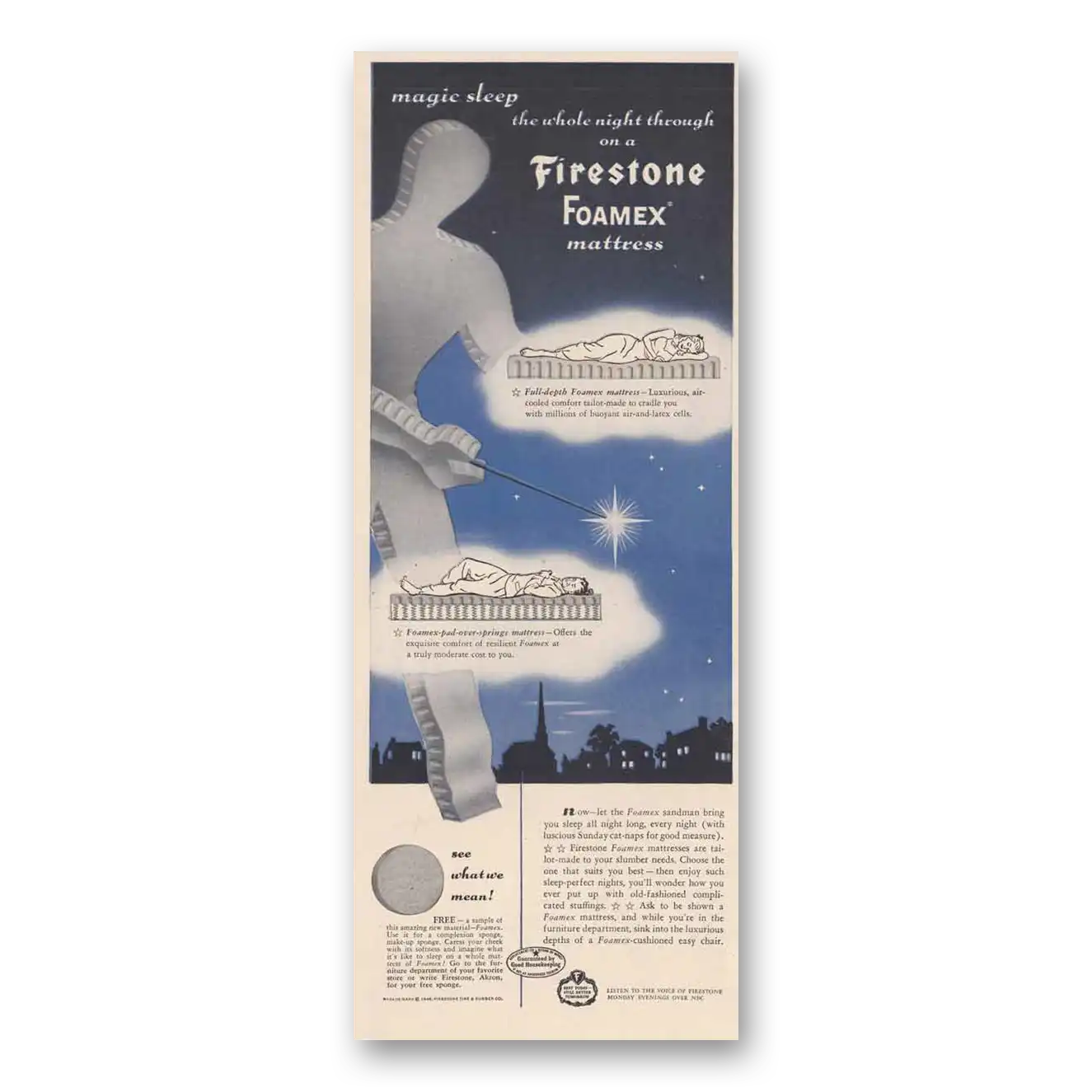 1948 Firestone Foamex Mattress Print Ad | Magic Sleep