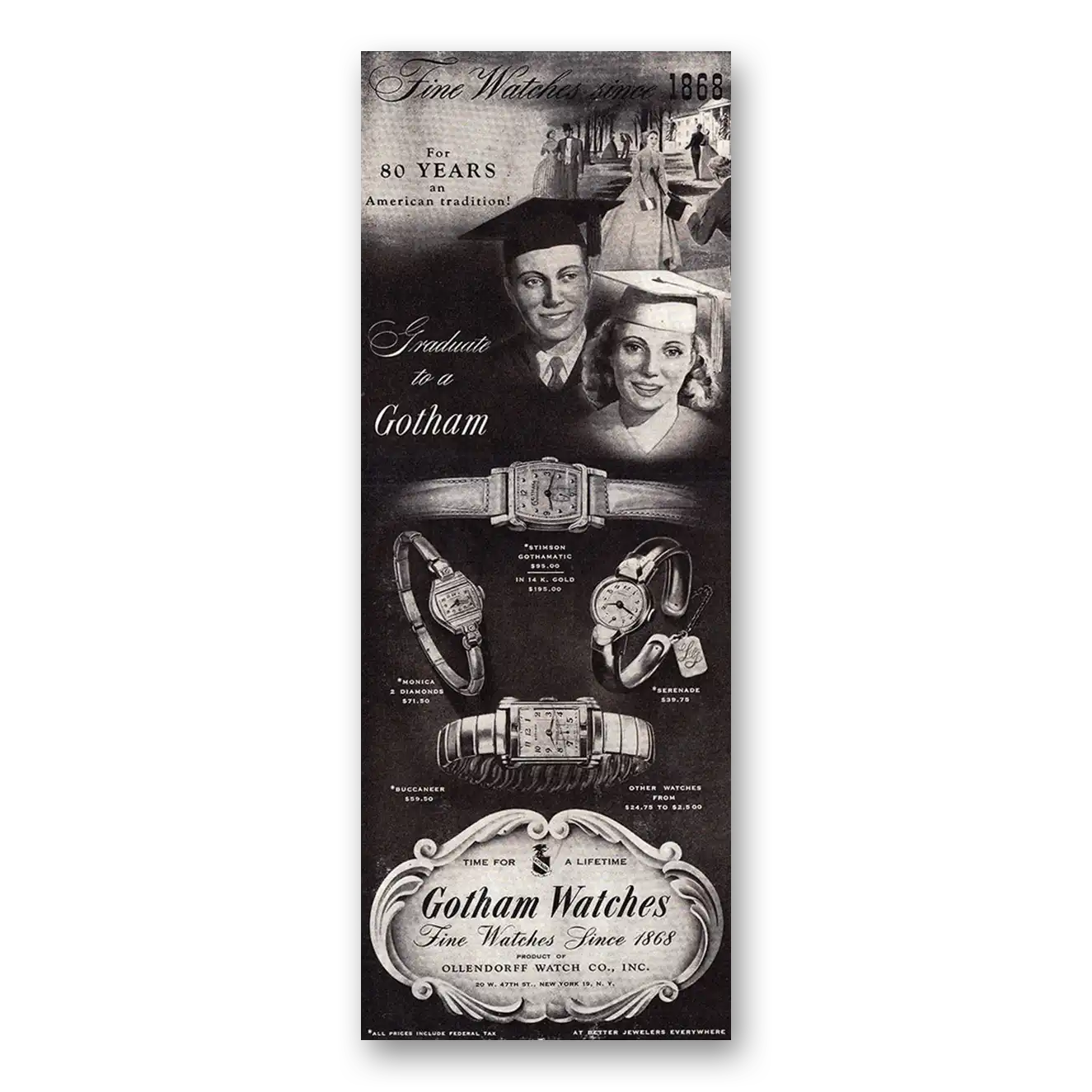 1948 Gotham Watches Print Ad | Graduate Gotham