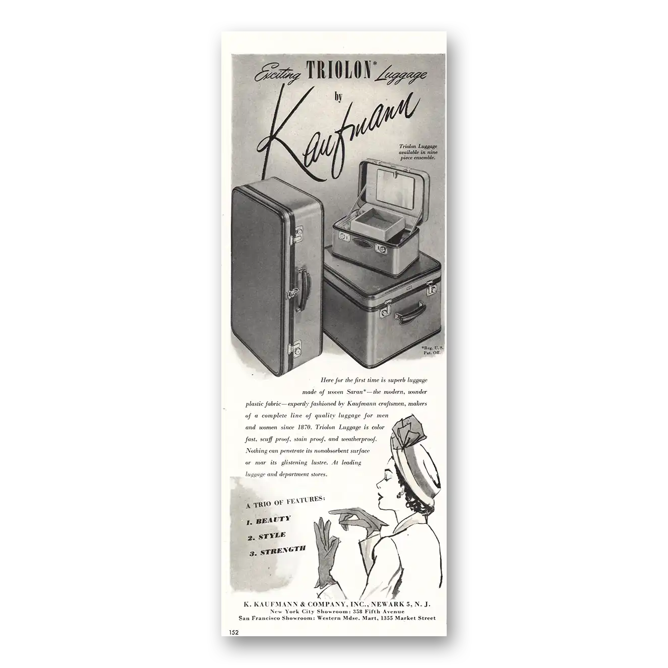 1948 Kaufmann Luggage Print Ad | Exciting Triolon