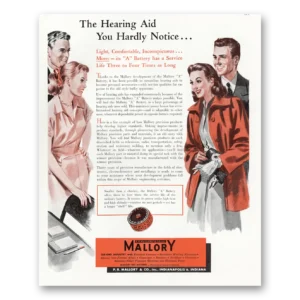 1948 Mallory Hearing Aids Print Ad | Hardly Notice