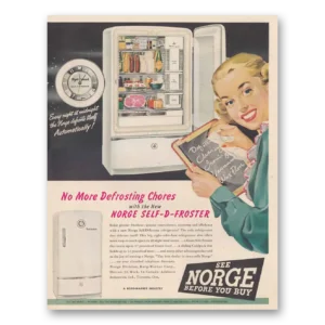 1948 Norge Refrigerator Print Ad | Defrosting Chores