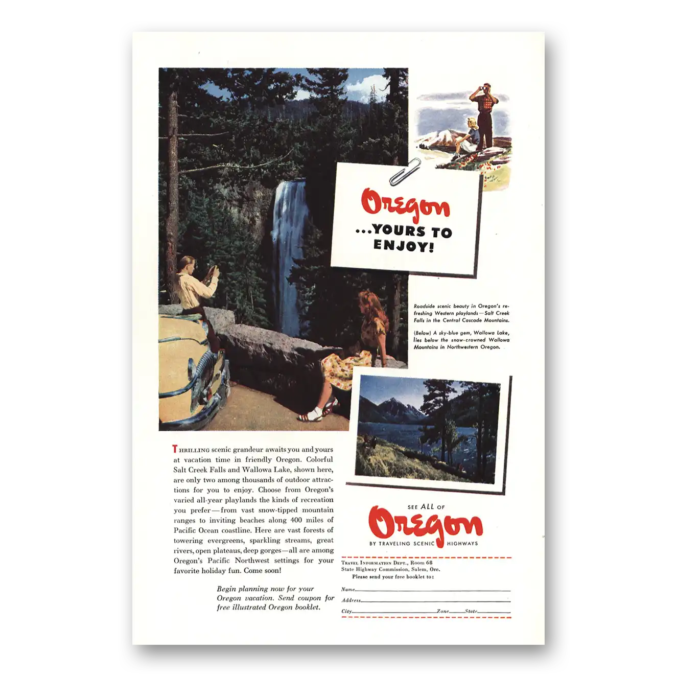 1948 Oregon Print Ad | Salt Creek Falls