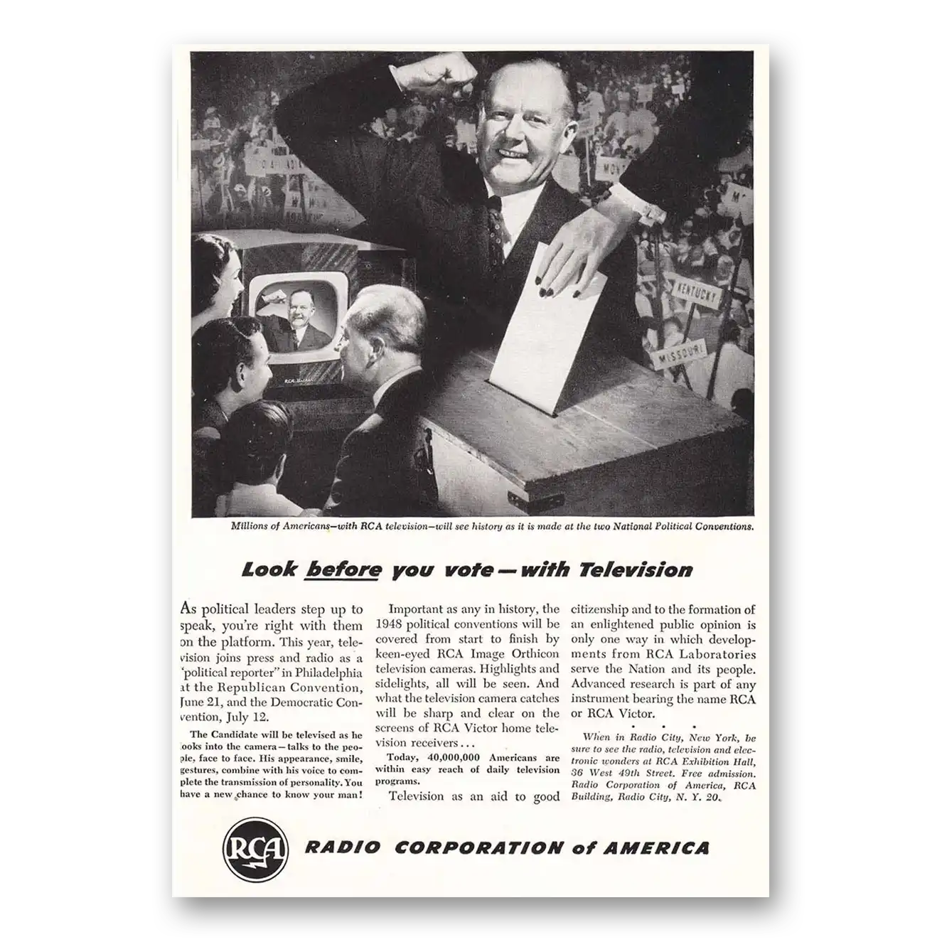 1948 RCA Television Print Ad | Political Conventions Tv
