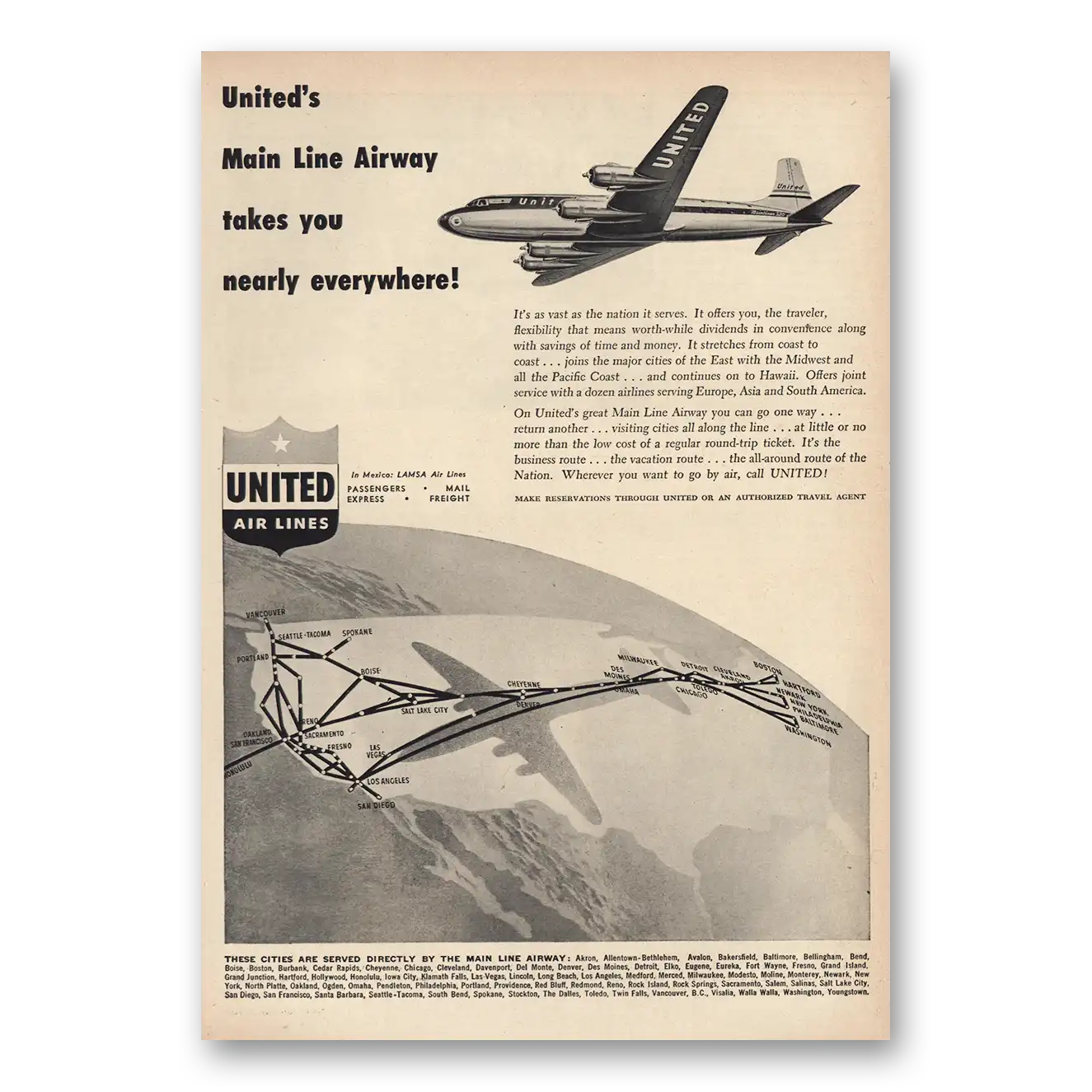 1948 United Airlines Print Ad | Main Line Airway