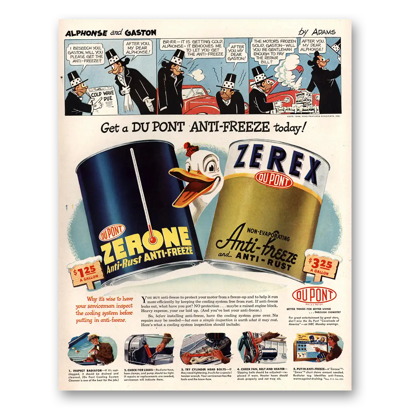 1948 Zerone Zerex Anti Freeze Print Ad | Alphonse Gaston