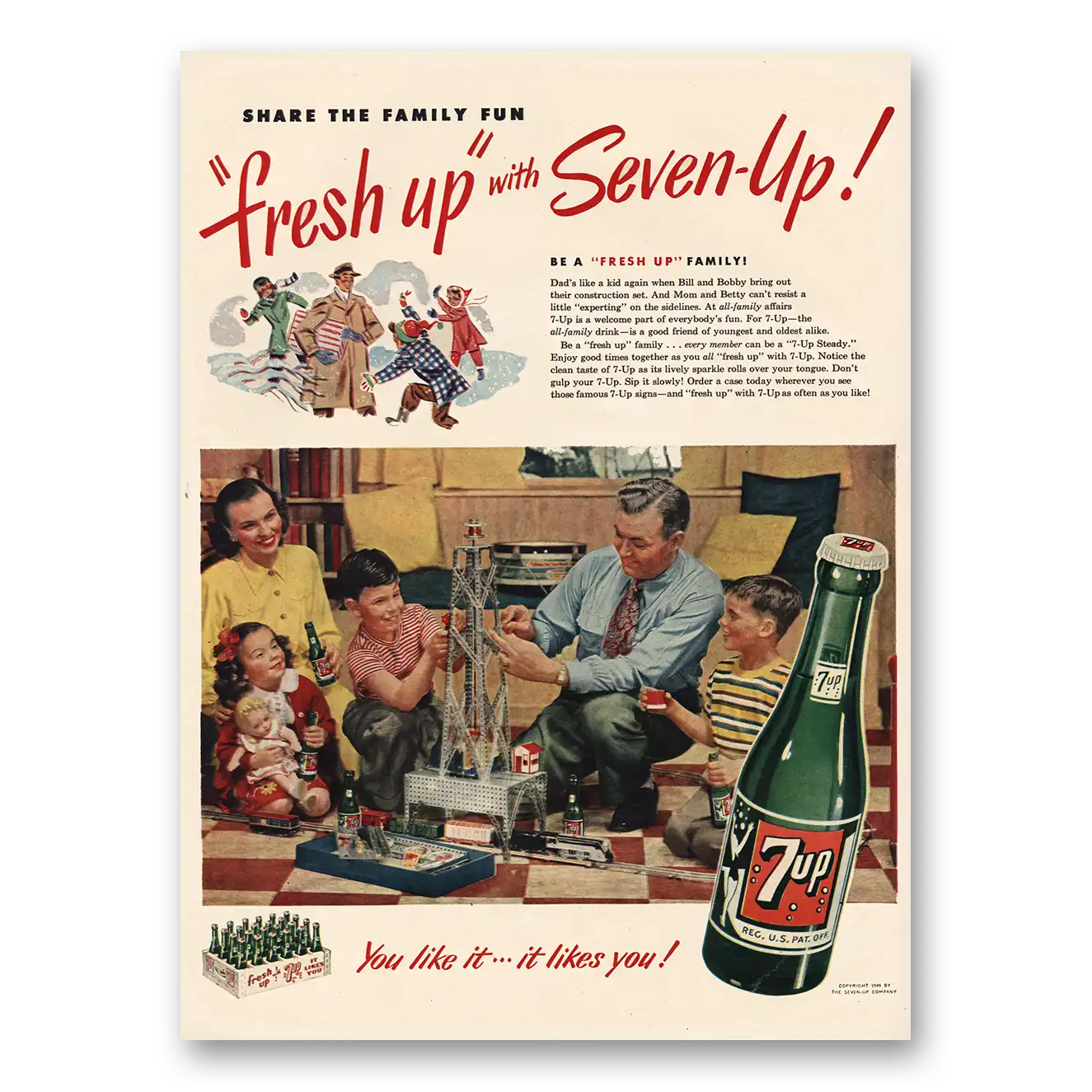 1949 7Up Print Ad | Construction Set Train