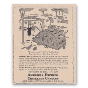 1949 American Express Travelers Cheques Print Ad | Tell Smiths