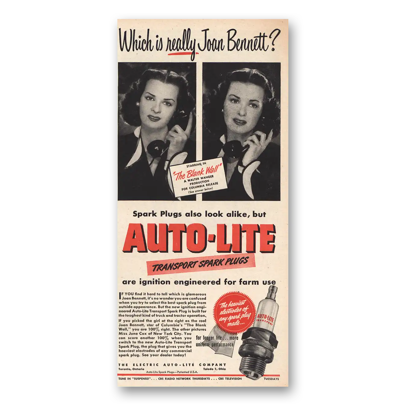1949 Autolite Spark Plugs Print Ad | Joan Bennett