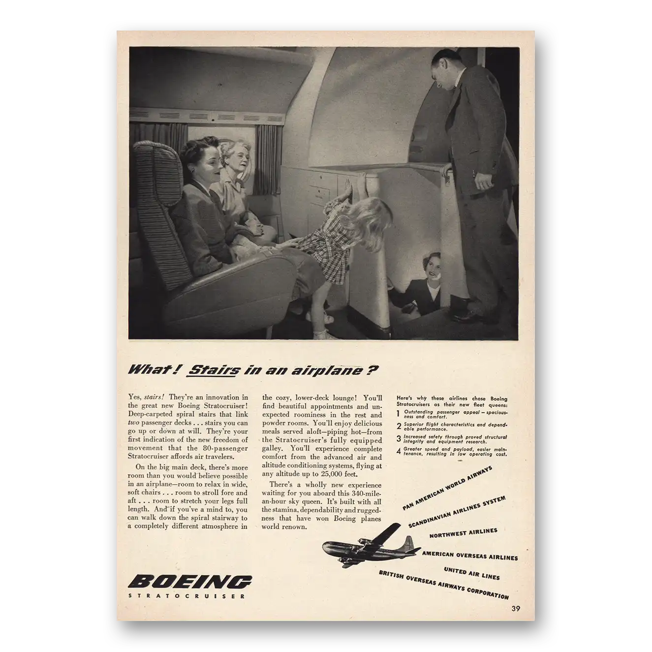 1949 Boeing Print Ad | Stairs In An Airplane