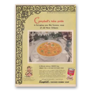 1949 Campbells Chicken Gumbo Soup Print Ad | Old New Orleans