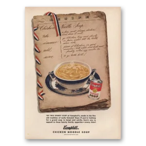 1949 Campbells Chicken Noodle Soup Print Ad | Sturdy Soup
