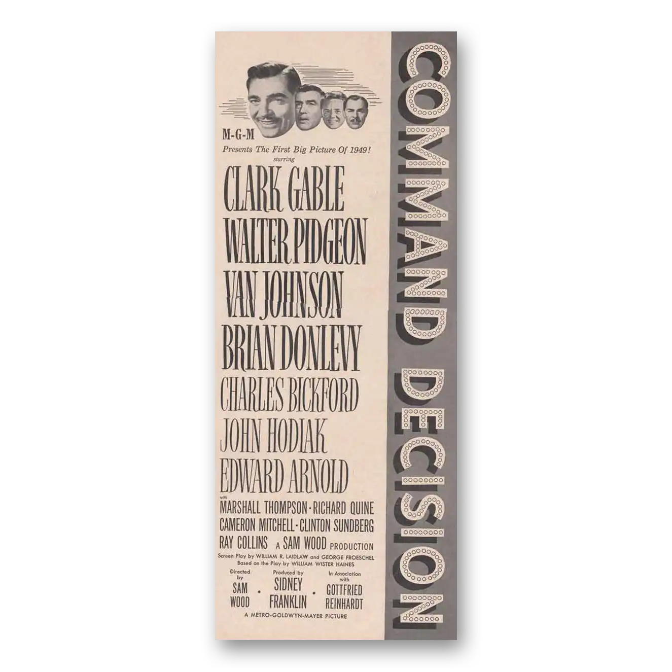 1949 Command Decision Movie Promo Print Ad | Clark Gable