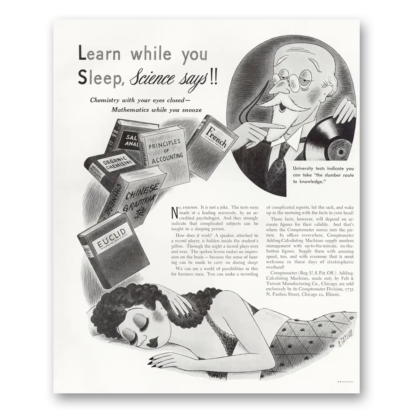 1949 Comptometer Adding Calculating Machines Print Ad | While You Sleep