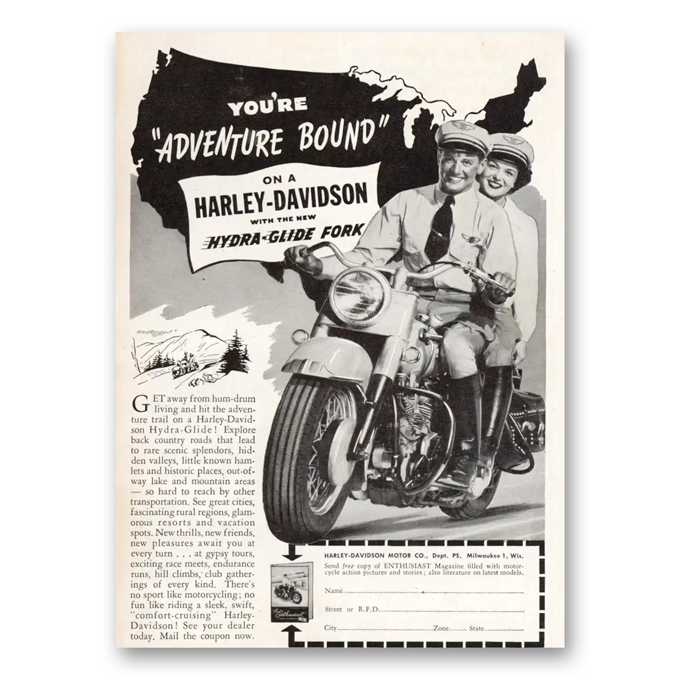 1949 Harley Davidson Hydra Glide Print Ad | Adventure Bound