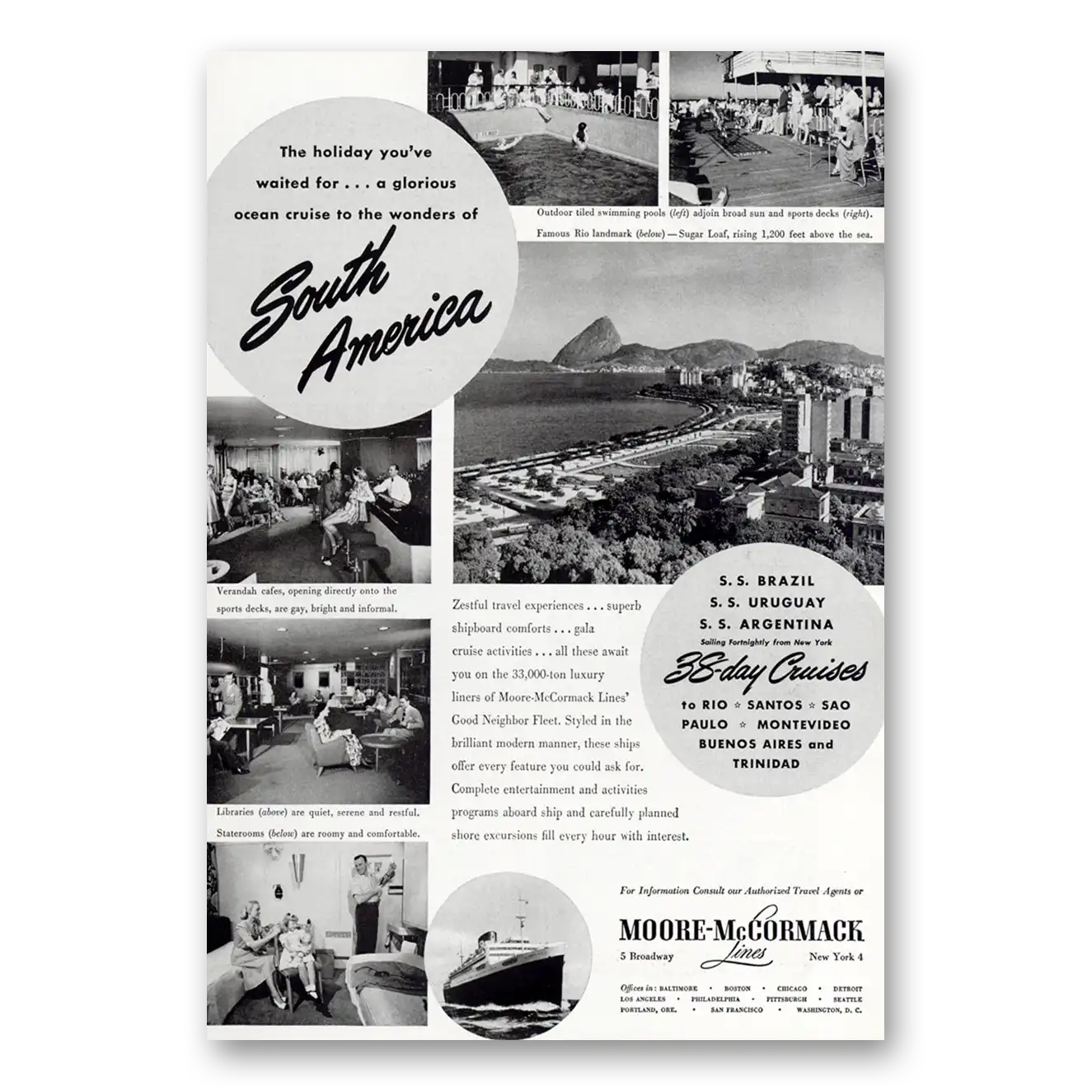 1949 Moore McCormack Lines Print Ad | Cruise South America