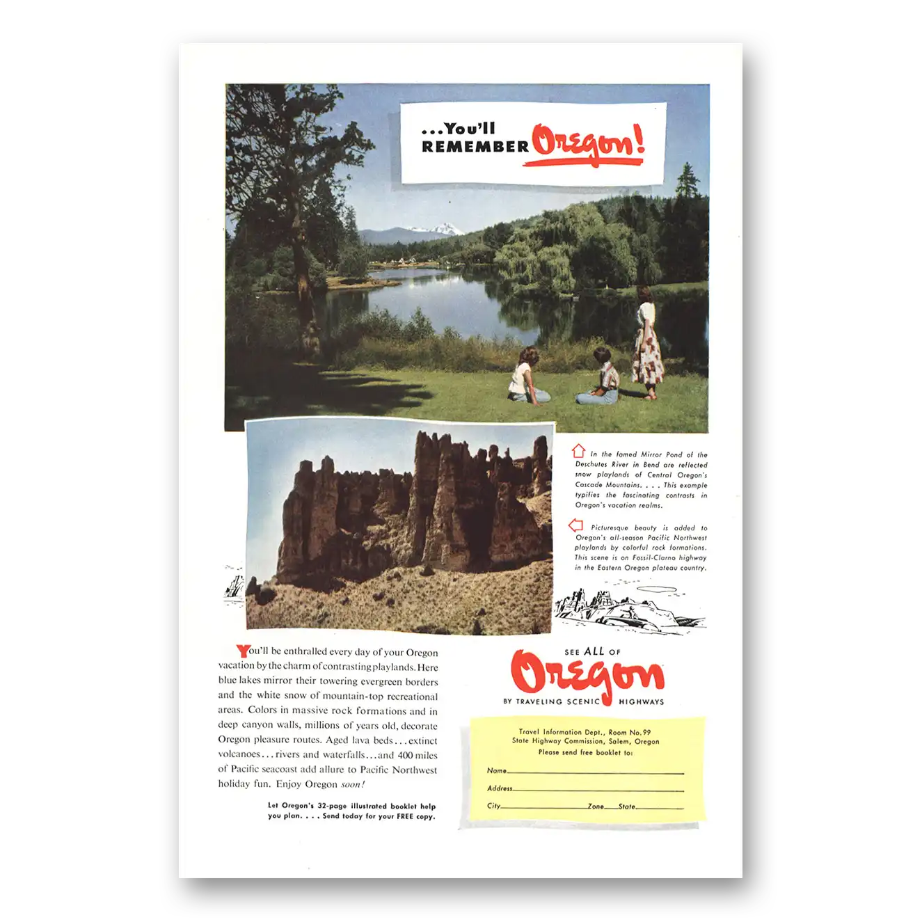 1949 Oregon Print Ad | Deschutes River Fossil Clarno