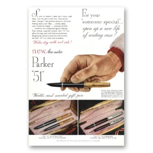 1949 Parker 51 Pen Print Ad | Writes Dry With Wet Ink