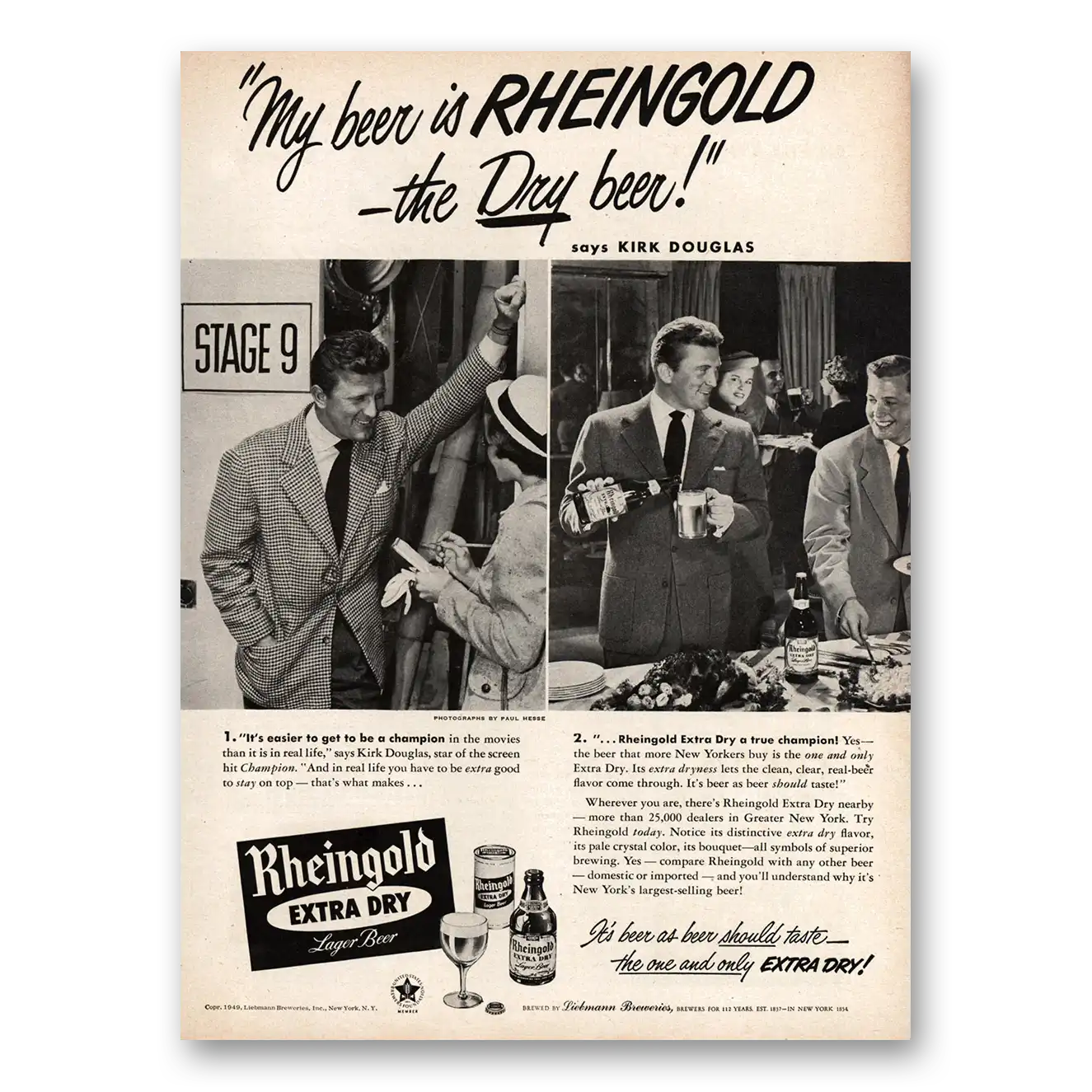 1949 Rheingold Beer Print Ad | Kirk Douglas