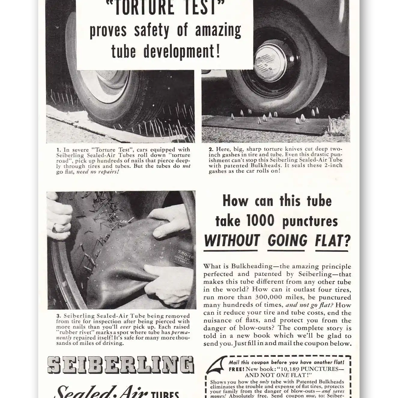 1949 Seiberling Tires Print Ad | 1000 Punctures