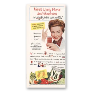1949 V8 Vegetable Juice Print Ad | Anne Baxter