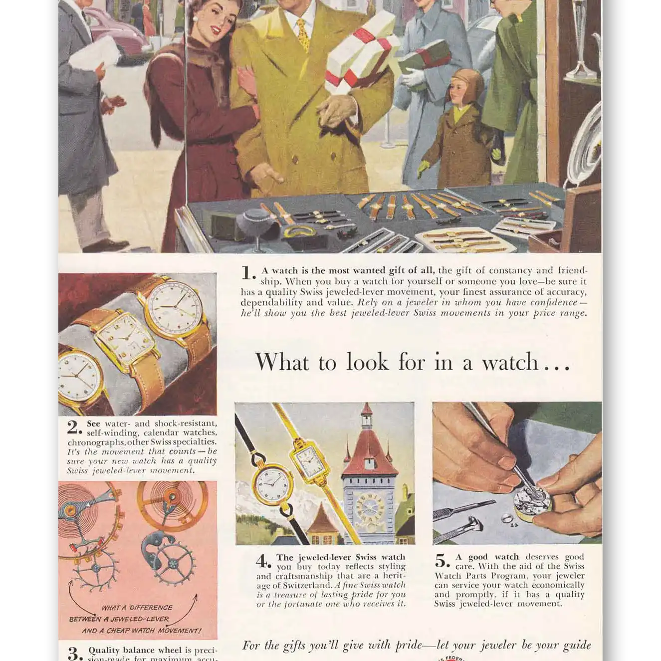 1949 Watchmakers of Switzerland Print Ad | Christmas Shoppers
