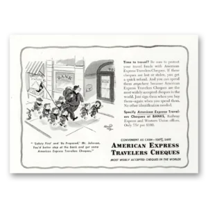1950 American Express Travelers Cheques Print Ad | Safety First