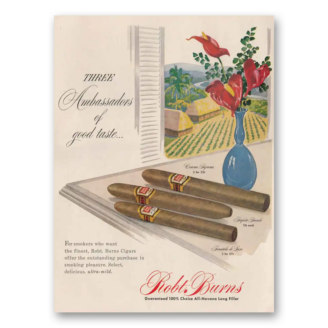 1950 Robt Burns Cigars Print Ad | Three Ambassadors