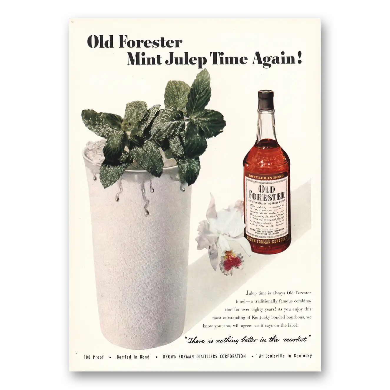 1950 Old Forester Whisky Print Ad | Mint Julep Time Again