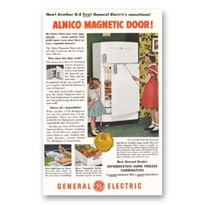 1950 General Electric Refrigerator Print Ad | Alnico Magnetic Door
