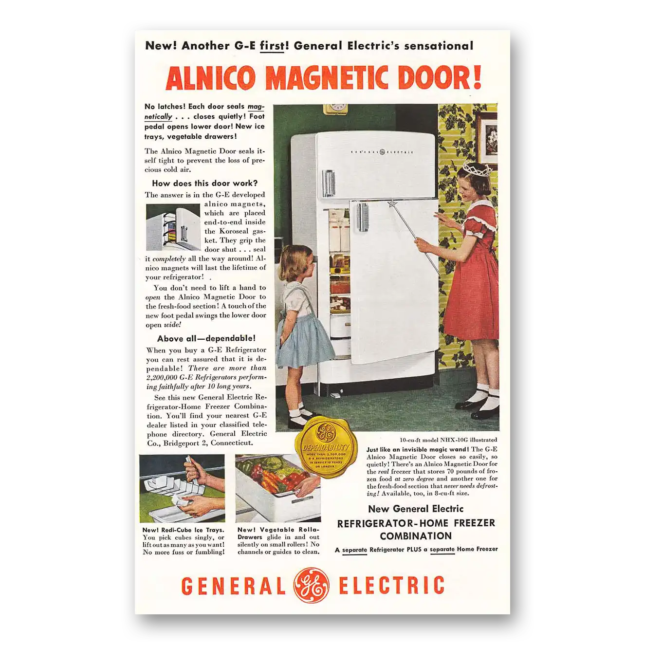 1950 General Electric Refrigerator Print Ad | Alnico Magnetic Door