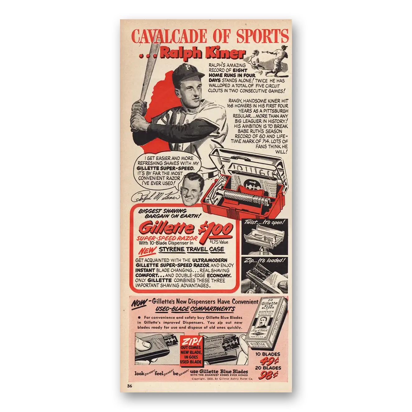 1950 Gillette Print Ad | Ralph Kiner