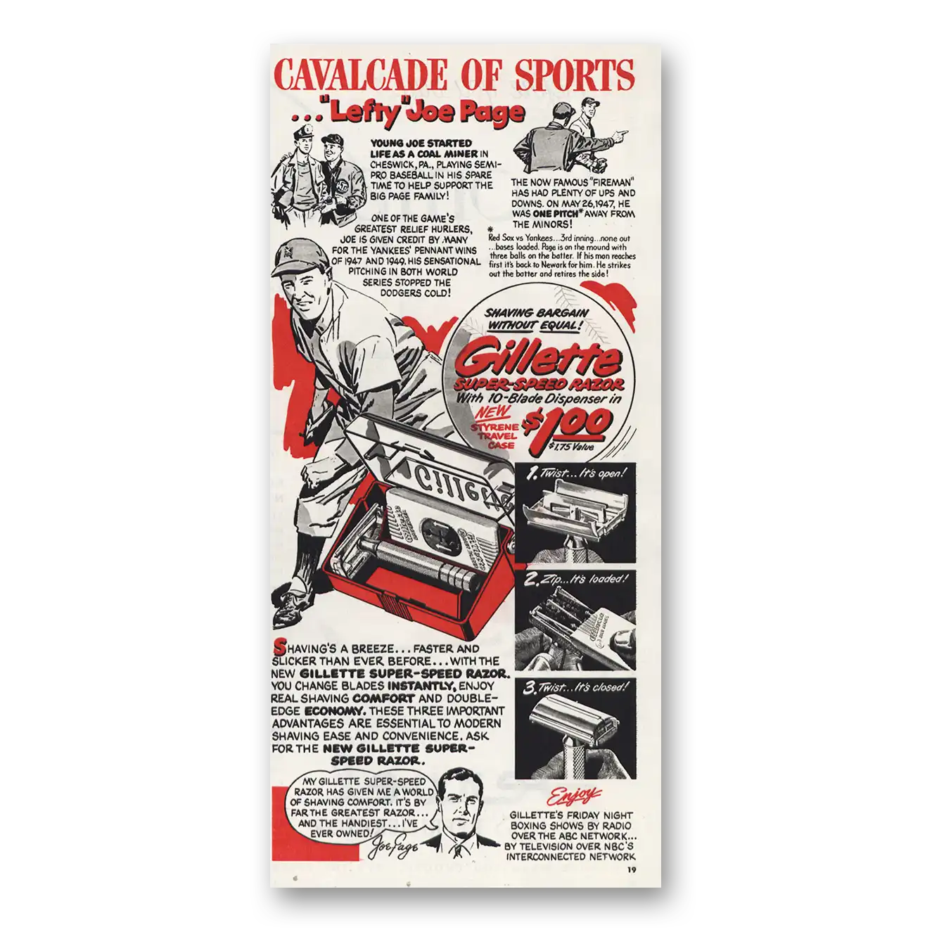 1950 Gillette Razor Print Ad | Lefty Joe Page
