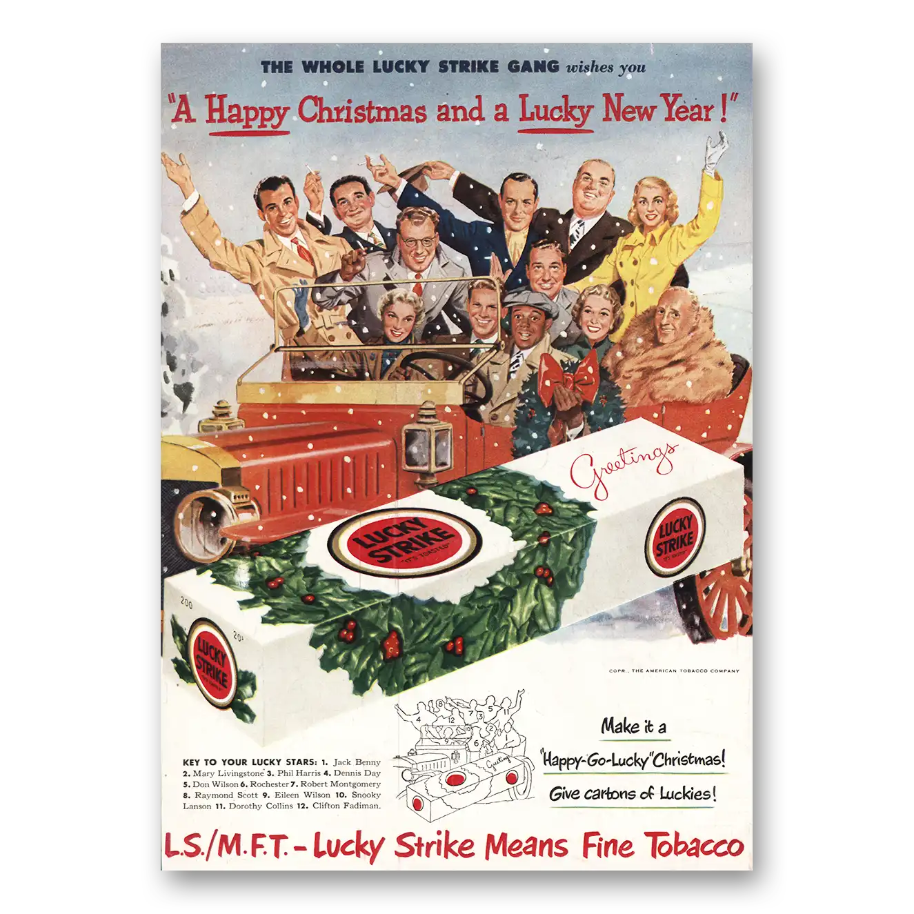 1950 Lucky Strike Cigarettes Print Ad | Happy Christmas Lucky New Year
