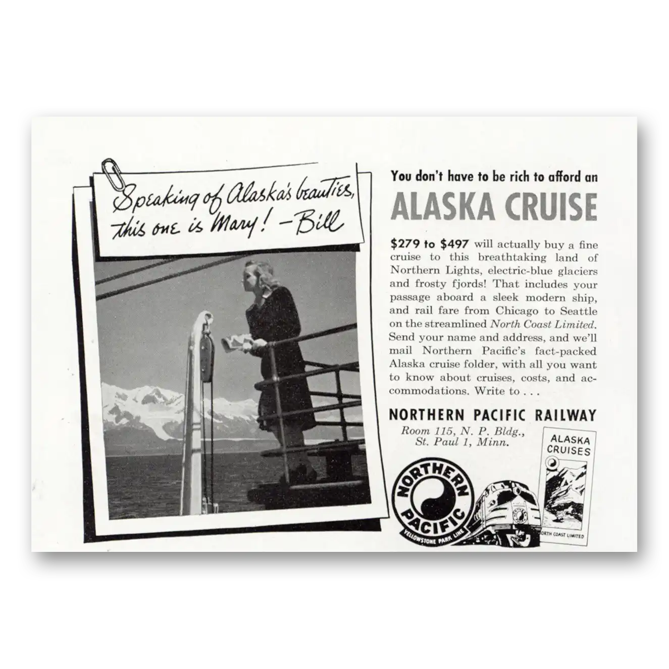 1950 Northern Pacific Railway Print Ad | Alaska