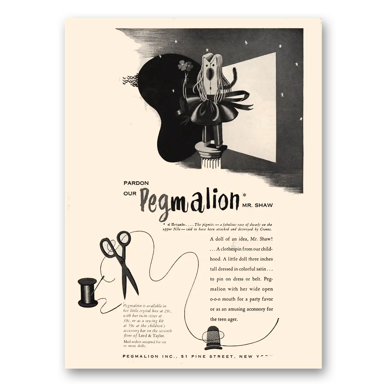 1950 Pegmalion Print Ad | Mr Shaw
